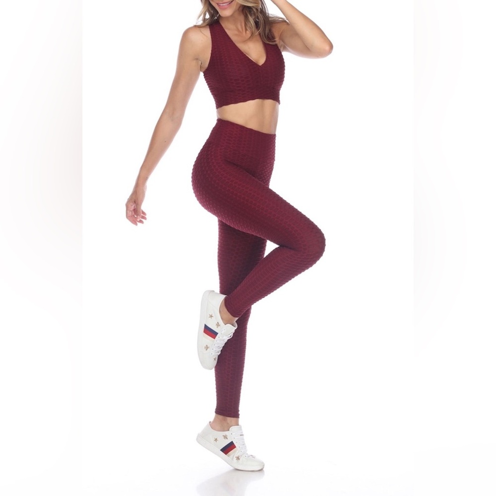 Burgundy Textured Leggings and Sports Bra Set